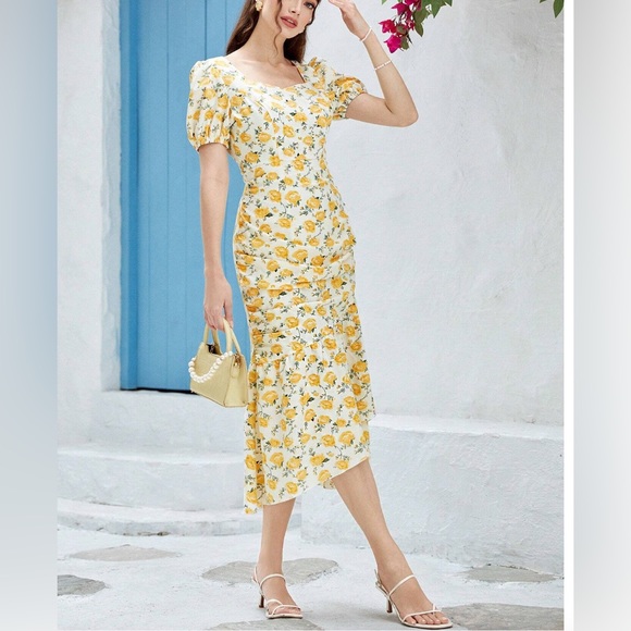 Santorini Floral Print Ruched Ruffle Hem Dress 40% OFF - Picture 4 of 4